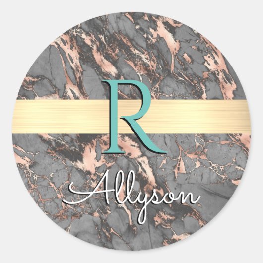 Grijs en Roos Gold Marble, Gold Bar, naam en monog Ronde Sticker (Voorkant)