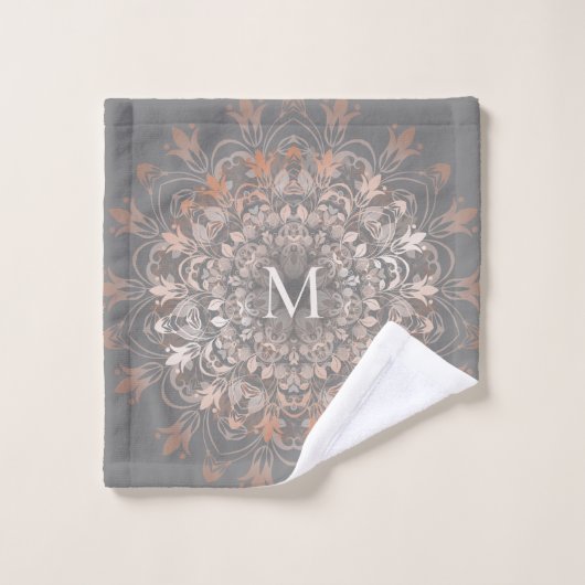 Grijs en Roos goud | Mandala Monogram Bad Handdoek (Wasdoekje)