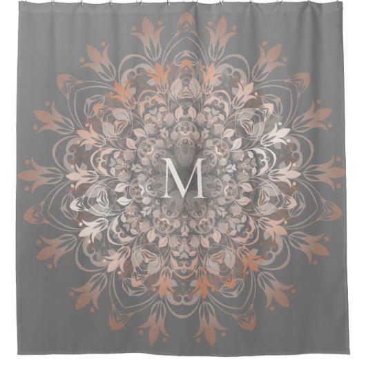Grijs en Roos goud | Mandala Monogram Bath Mat Douchegordijn (Voorkant)