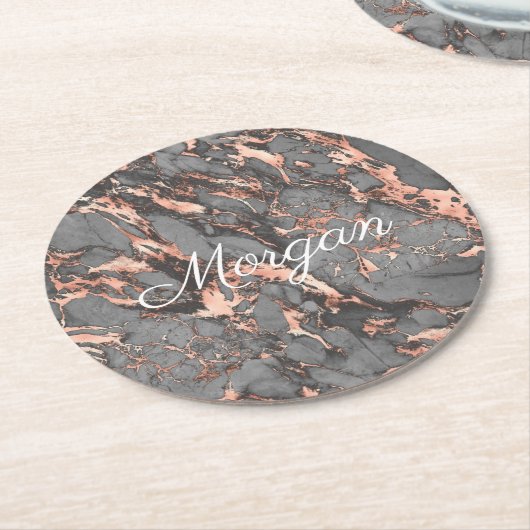 Grijs en Roos Goud Marmer, witte scriptnaam Ronde Kartonnen Onderzetter (Gebogen)
