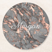Grijs en Roos Goud Marmer, witte scriptnaam Ronde Kartonnen Onderzetter (Voorkant)