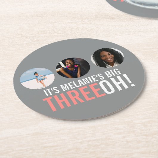 Grijs en roze 30e THREEOH! Fotoverjarig Ronde Kartonnen Onderzetter (Gebogen)