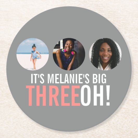 Grijs en roze 30e THREEOH! Fotoverjarig Ronde Kartonnen Onderzetter (Voorkant)