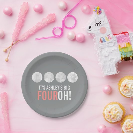 Grijs en roze 40e FOUROH! foto verjaardag Papieren Bordje (Feest)