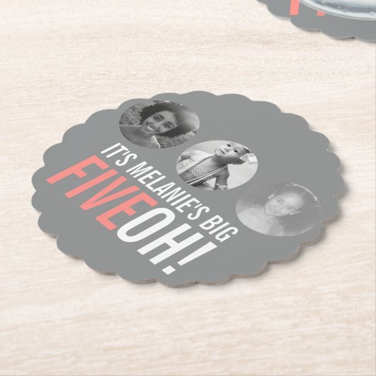 Grijs en roze 50e FIVEOH! foto verjaardag grafiek Kartonnen Onderzetters (Gekanteld)
