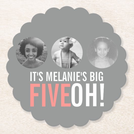 Grijs en roze 50e FIVEOH! foto verjaardag grafiek Kartonnen Onderzetters (Voorkant)