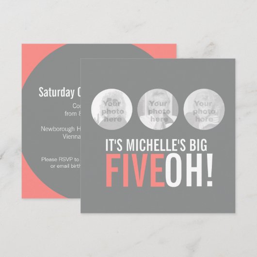 Grijs en roze 50ste FIVEOH! Fotoverjaardagsuitnodi Kaart (Voorkant / Achterkant)