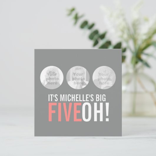 Grijs en roze 50ste FIVEOH! Fotoverjaardagsuitnodi Kaart (Staand voorkant)