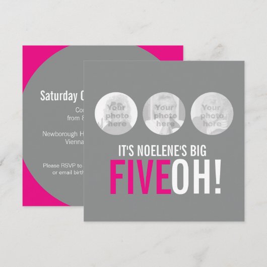 Grijs en roze 50ste FIVEOH! Fotoverjaardagsuitnodi Kaart (Voorkant / Achterkant)