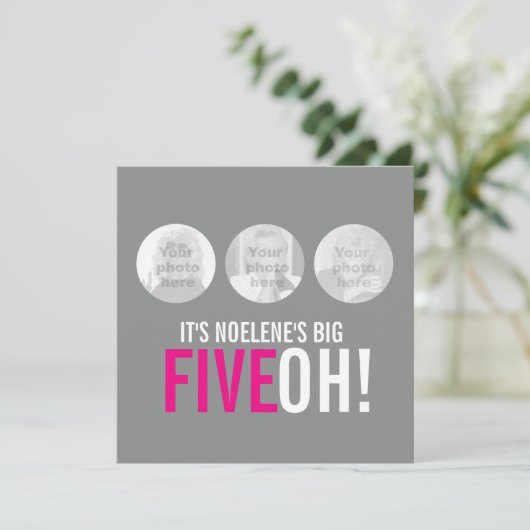 Grijs en roze 50ste FIVEOH! Fotoverjaardagsuitnodi Kaart (Staand voorkant)