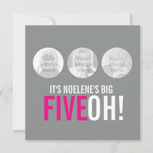 Grijs en roze 50ste FIVEOH! Fotoverjaardagsuitnodi Kaart (Voorkant)