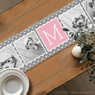 Grijs en Roze 5 Foto Collage met Monogram Korte Tafelloper