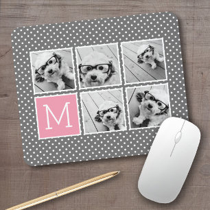 Grijs en Roze 5 Foto Collage met Monogram Muismat