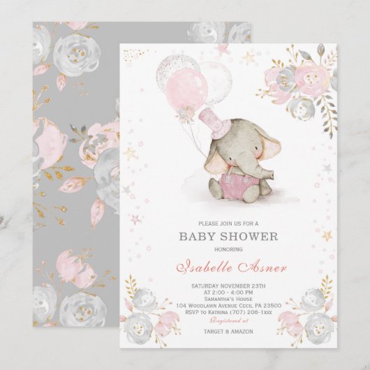 Grijs en roze Baby shower Kaart (Voorkant / Achterkant)