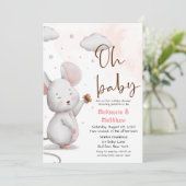 Grijs en roze Baby shower van de muis Kaart (Staand voorkant)