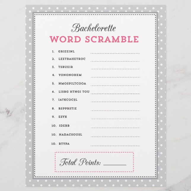 Grijs en Roze Bachelorette Word Scramble Game (Voorkant)