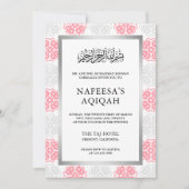 Grijs en Roze Bloemen Damask Moslim Aqiqah Ceremon Kaart (Voorkant)