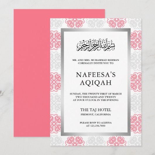 Grijs en Roze Bloemen Damask Moslim Aqiqah Ceremon Kaart (Voorkant / Achterkant)