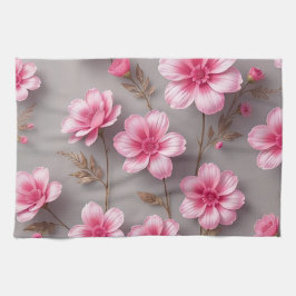Grijs en Roze Bloemmotief Theedoek