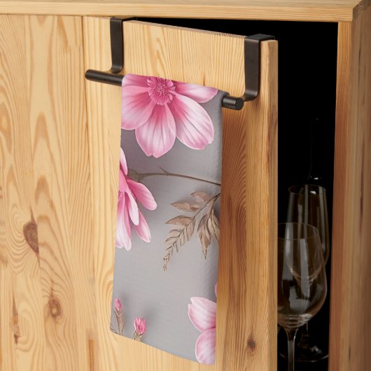 Grijs en Roze Bloemmotief Theedoek (Derde Gevouwen)