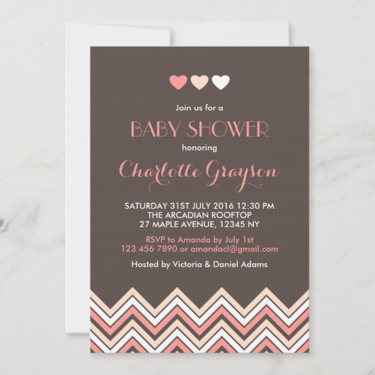 Grijs en roze chevron babyshower uitnodiging (Voorkant)