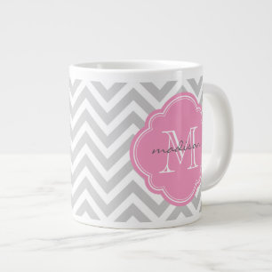 Grijs en Roze Chevron Custom Monogram Grote Koffiekop