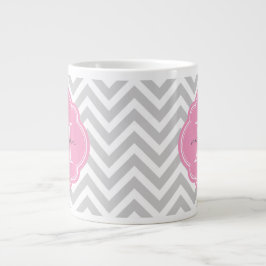 Grijs en Roze Chevron Custom Monogram Grote Koffiekop