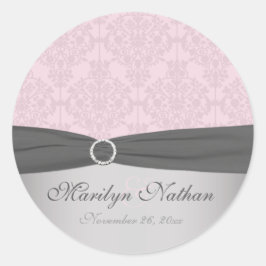 Grijs en Roze Damask 1,5"Ronde Sticker
