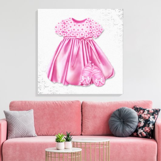 Grijs en Roze Damast Jurk Roze Jurk Baby Meisje Canvas Afdruk (Insitu (Woonkamer))