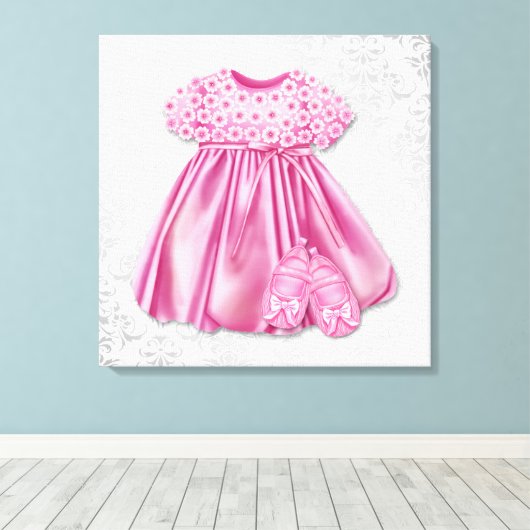 Grijs en Roze Damast Jurk Roze Jurk Baby Meisje Canvas Afdruk (Insitu (Houten vloer))