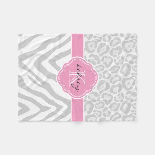 Grijs en Roze Dierenprint Custom Monogram Fleece Deken (Voorkant (Horizontaal))