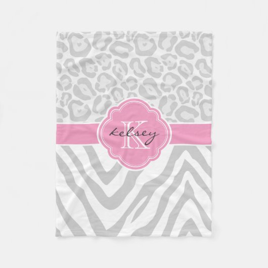 Grijs en Roze Dierenprint Custom Monogram Fleece Deken (Voorkant)