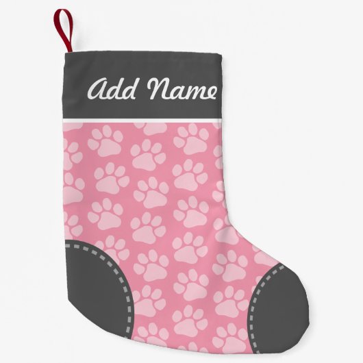 Grijs en Roze Dog Paw Afdrukpatroon Aangepaste naa Kleine Kerstsok (Voorkant)