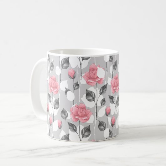 Grijs en roze. Floral patroon Koffiemok (Voorkant links)