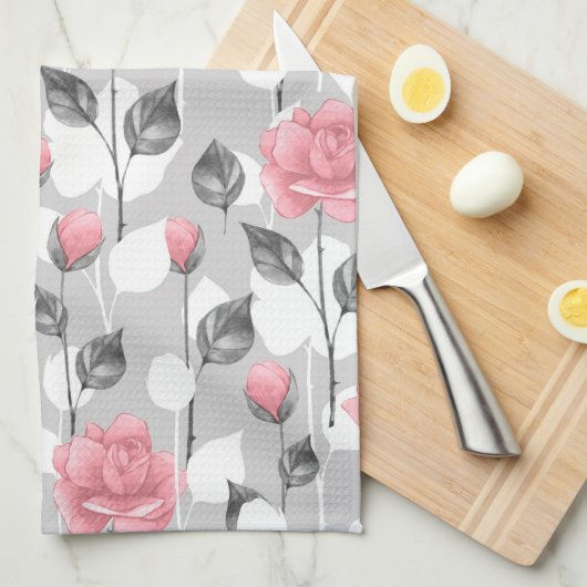 Grijs en roze. Floral patroon Theedoek (Quarter Fold)