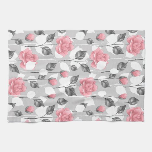Grijs en roze. Floral patroon Theedoek (Horizontaal)