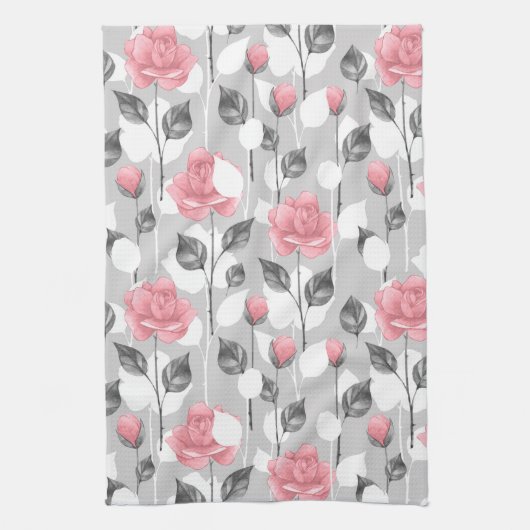 Grijs en roze. Floral patroon Theedoek (Verticaal)