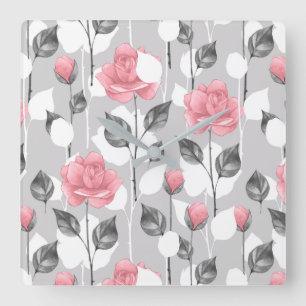 Grijs en roze. Floral patroon Vierkante Klok