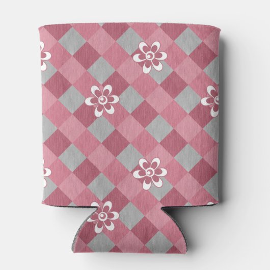 Grijs en roze geruit met kamillebloemen blikjeskoeler (Achterkant)