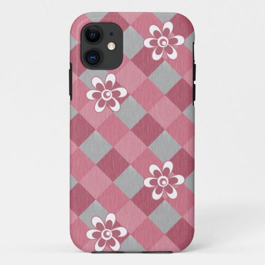 Grijs en roze geruit met kamillebloemen Case-Mate iPhone case (Achterkant)