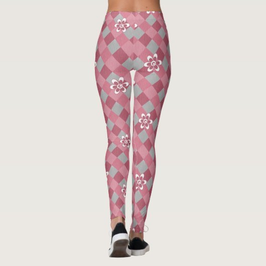 Grijs en roze geruit met kamillebloemen leggings (Achterkant)