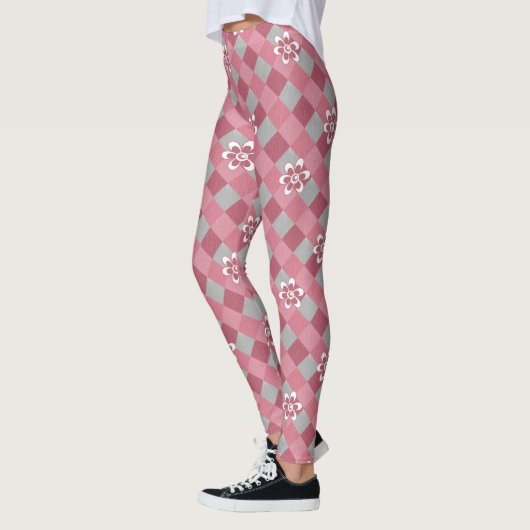 Grijs en roze geruit met kamillebloemen leggings (Links)