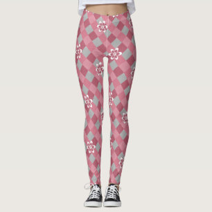 Grijs en roze geruit met kamillebloemen leggings