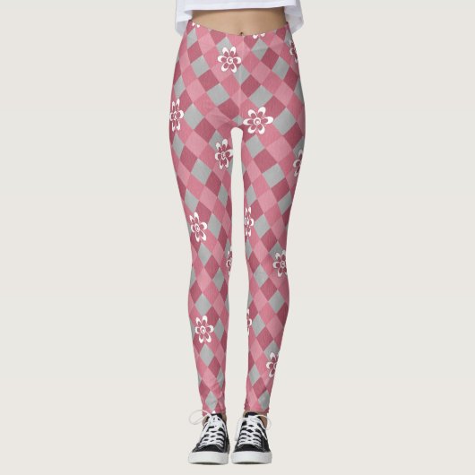 Grijs en roze geruit met kamillebloemen leggings (Voorkant)