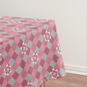 Grijs en roze geruit met kamillebloemen tafelkleed