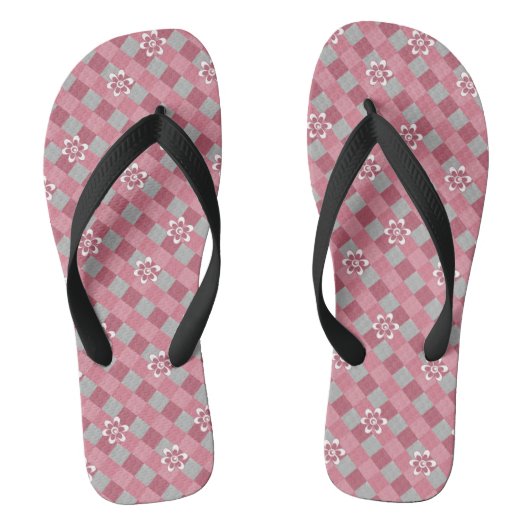 Grijs en roze geruit met kamillebloemen teenslippers (Voetbed)