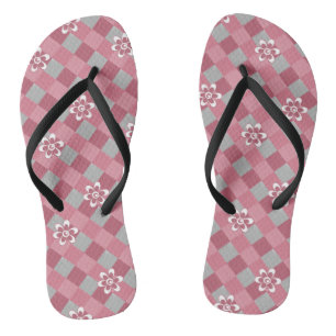 Grijs en roze geruit met kamillebloemen teenslippers