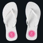 Grijs en Roze Grieks sleutelmonogram Teenslippers<br><div class="desc">Aangepast gedrukte flip flop sandalen met een stijlvol,  modern Grieks sleutelpatroon en uw aangepast monogram of andere tekst in een cirkelvormige lijst. Klik aanpassen het om tekstdoopvonten en kleuren te veranderen of uw eigen afbeeldingen toe te voegen om unieke één van een soortontwerp te creëer!</div>
