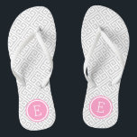 Grijs en Roze Grieks sleutelmonogram Teenslippers<br><div class="desc">Aangepast gedrukte flip flop sandalen met een stijlvol,  modern Grieks sleutelpatroon en uw aangepast monogram of andere tekst in een cirkelvormige lijst. Klik aanpassen het om tekstdoopvonten en kleuren te veranderen of uw eigen afbeeldingen toe te voegen om unieke één van een soortontwerp te creëer!</div>