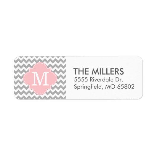 Grijs en Roze Modern Chevron Custom Monogram Etiket (Voorkant)